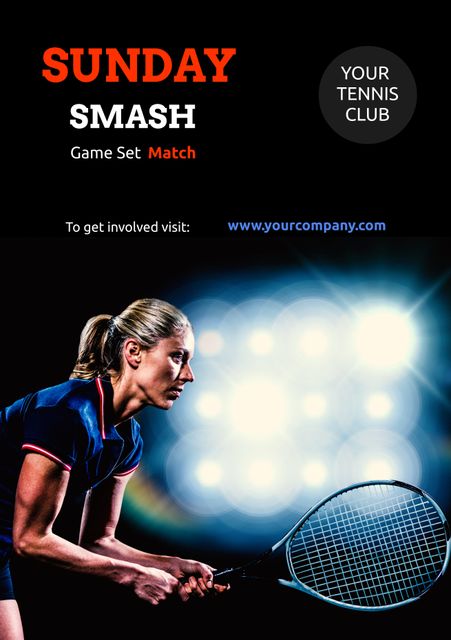 Focused Female Tennis Player Promoting Sports Event with Bright Stadium Lights - Download Free Stock Templates Pikwizard.com