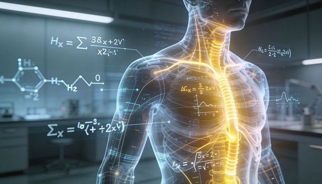 Holographic torso visualizing nervous system, spine and ribcage with floating neural data