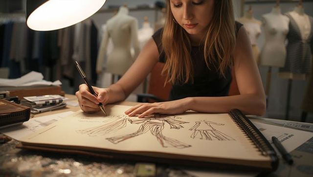 Young Fashion Designer Sketching Couture Dress Concepts in Atelier Sketchbook Under Lamp