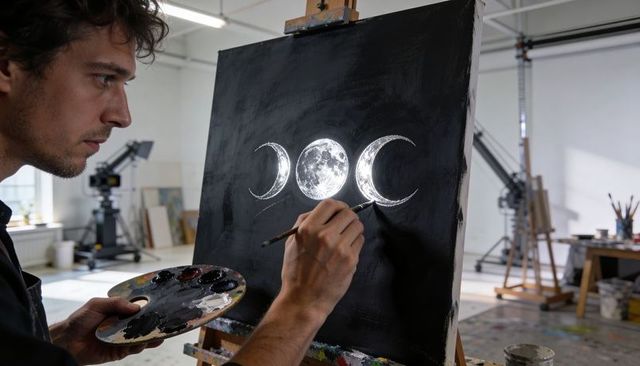 Contemporary artist painting triple moon on black canvas in airy studio holding palette