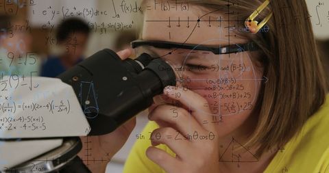 Schoolgirl Uses Microscope with Math Formulas Overlay - Download Free Stock Images Pikwizard.com