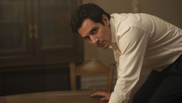 Leaning man bracing on wooden table in warm dining room, contemplative focused mood