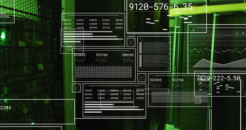 Digital Interface Overlay on Data Server Racks in Green