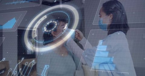 Clinician performing futuristic nasal swab with virtual technology interface