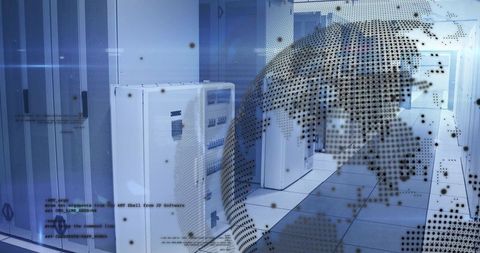 Data center with digital overlay, showcasing advanced network technology
