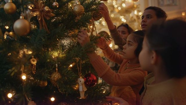 Siblings Decorating Christmas Tree with Gold Ornaments Indoors