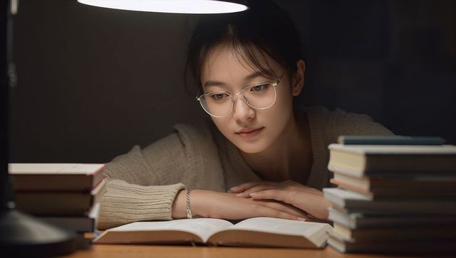Asian woman studying late at desk with warm lamp light, reading and focusing on book