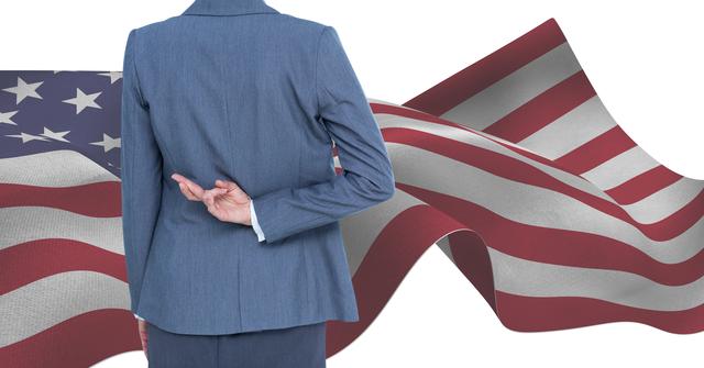 Businesswoman in suit crossing fingers behind her back, symbolizing deception or broken promises, with American flag in the background. Useful for concepts related to business ethics, political dishonesty, and trust issues in corporate or political scenarios.