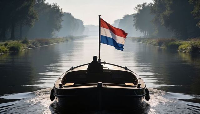 Backlit canal boat cruising under dutch tricolor flag through misty dawn canal