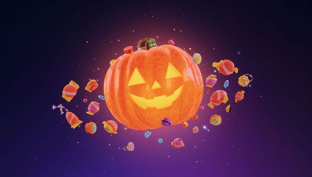 Surreal glowing jack-o-lantern surrounded by cosmic candies