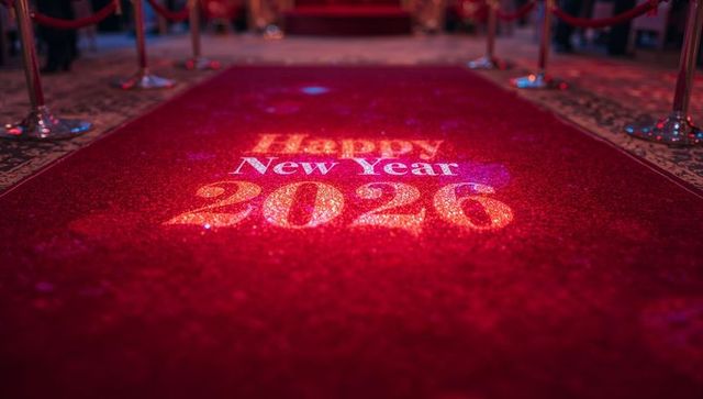 Glamorous red carpet welcoming new year 2026 with glitter projection and velvet ropes