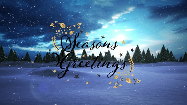 This image showcases the animated message 'Season's Greetings' with golden embellishments against a serene snowy night landscape. Ideal for use in holiday cards, digital invitations, or festive social media posts to spread cheer and celebrate Christmas and the holiday season.