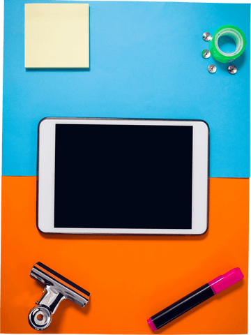 Transparent Tablet with Office Supplies Over Blue and Orange Background - Download Free Stock Videos Pikwizard.com