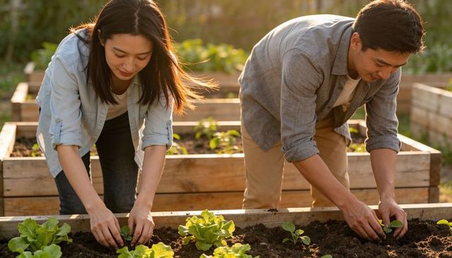 Young asian couple planting lettuce in sunlit raised beds during golden hour gardening
