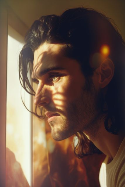Man with long hair gazes through a window, sunlight casting dramatic shadows on his face, suggesting themes of contemplation or introspection. Useful for concepts related to thinking, solitude, and personal reflection.