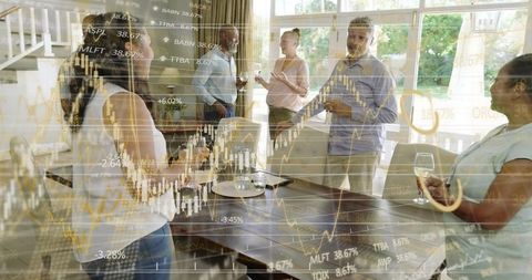 Gathering Multigenerational Group Discussing Investments with Stock Market Charts Overlay