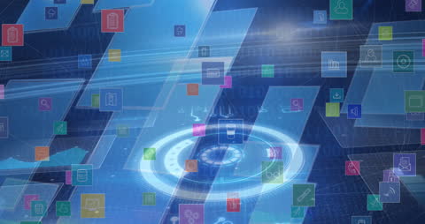 Digital Animation of Technology Icons on Blue Interface