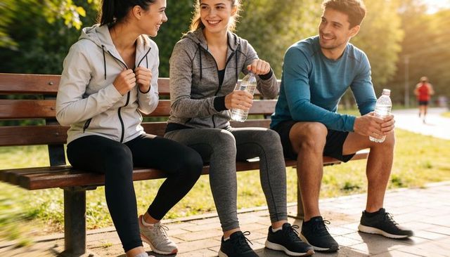 Friends resting after run on sunlit park bench holding water bottles smiling in athletic wear