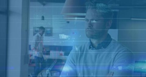 Mid Adult Man Studying Futuristic Data HUD in Home Office with Crossed Arms
