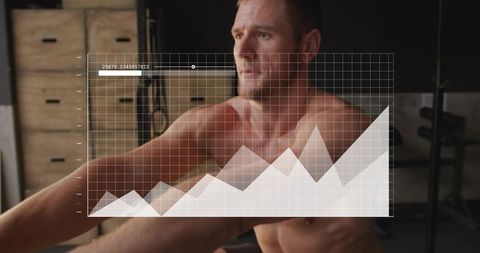 Shirtless athlete rowing on indoor rower with data chart overlay for performance tracking