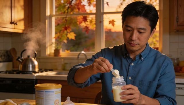 Father preparing baby formula in cozy sunset kitchen, hands-on infant feeding routine