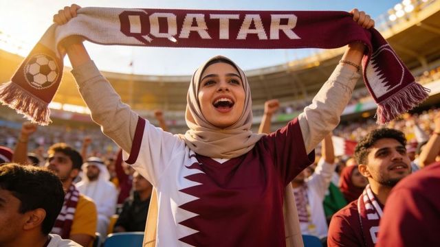 Qatar football fan in hijab cheering with scarf raised in sunny stadium for national team