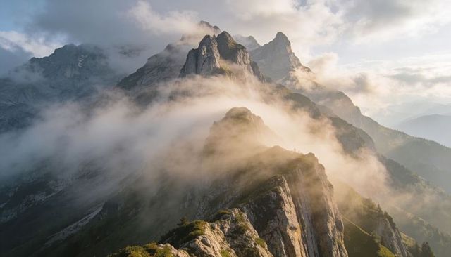 Golden sunrise backlighting jagged alpine ridge with mist and dramatic mountain peaks