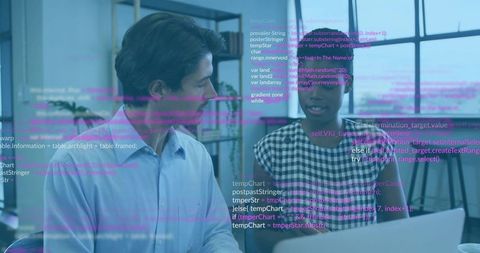 Developers Collaborating Over Laptop Reviewing Code with Digital Overlay in Office