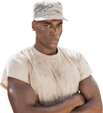 Confident Military Soldier in Camouflage Hat with Transparent Background