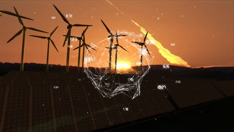 Digital Globe Overlaying Renewable Energy Landscape at Sunset