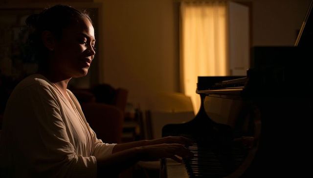Woman playing grand piano in warm backlit living room during intimate evening practice