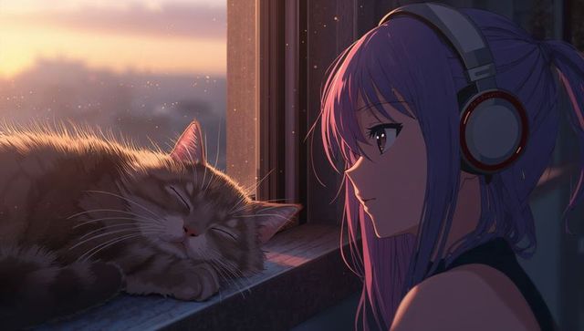 Contemplative Evening with Headphone-Clad Girl and Sleeping Tabby Cat