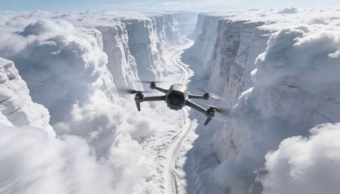 Compact quadcopter navigating vast icy canyon amid billowing clouds and cinematic aerial fog
