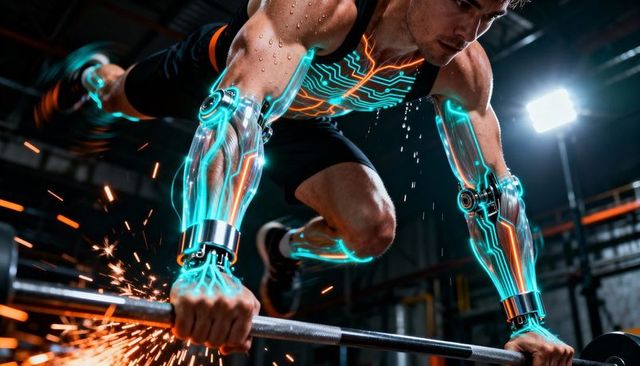 Explosive cybernetic athlete launching loaded barbell in industrial gym with sparks