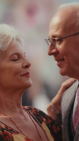 Vertical video of senior couple slow dancing, sharing tender gaze and holding hands