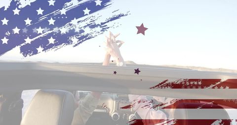 USA Flag Overlay on Diverse Women in Car by Beach