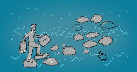 Businessman Navigating Digital Clouds with Pixels and Cursor Influence