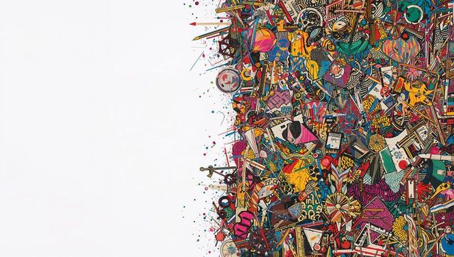 Colorful doodle collage along right edge with stationery, clocks and music icons