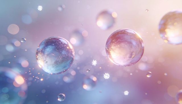 Floating iridescent bubbles and opalescent globes in pastel bokeh dreamy abstract background