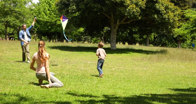 Family Flying Kite in Park on Sunny Day - Download Free Stock Images Pikwizard.com