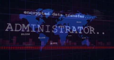 Administrator console overlay on global network map with encrypted stream, red waveform