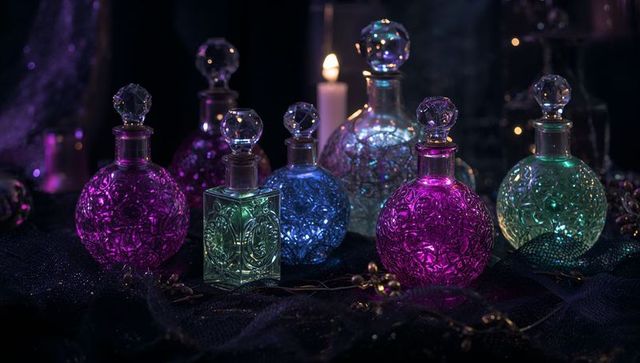 Elegant Glass Perfume Bottles Glowing Amidst Candlelight