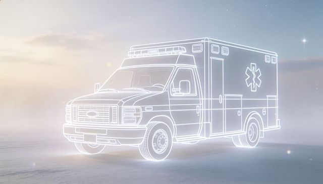 Holographic ambulance wireframe glowing on pastel gradient background, emergency concept