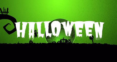 Spooky Halloween Text with Dark Silhouettes and Green Tint