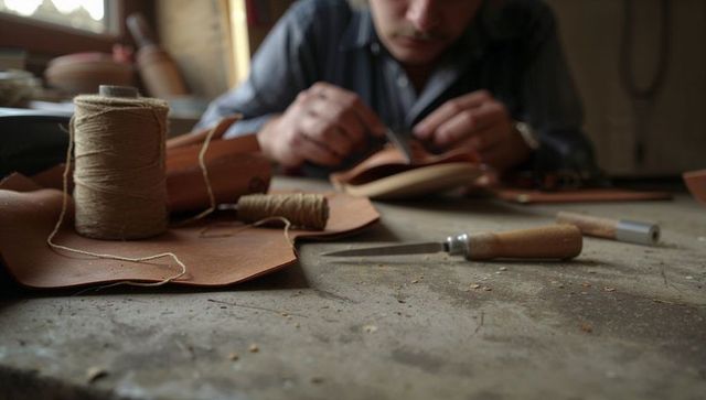 Leather craftsman hand-stitching on rustic workbench with thread spool and tools, close-up