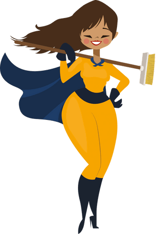 this illustration shows a female superhero confidently holding a broom, symbolizing strength and empowerment in everyday chores. the transparent background allows for versatile use across designs. perfect for branding cleaning products, promoting women's empowerment, or featuring in comic projects.