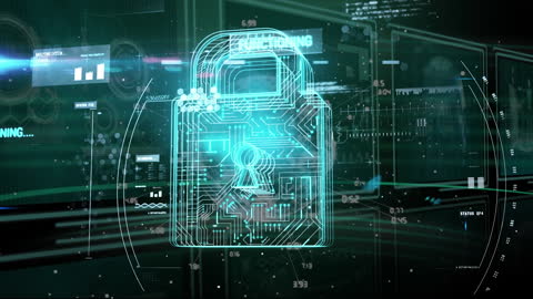 Cybersecurity Concept with Digital Padlock and Data Processing