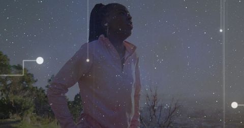 Runner Taking Break with Futuristic Fitness Technology Overlay