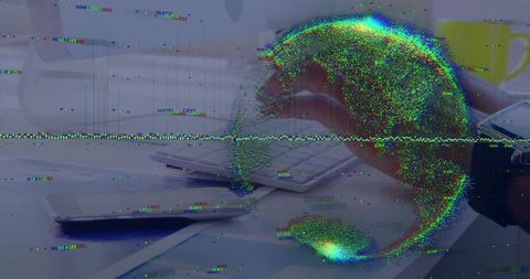 Holographic Glitch Data Globe Over Desktop Keyboard with Hand Typing and Mobile Device