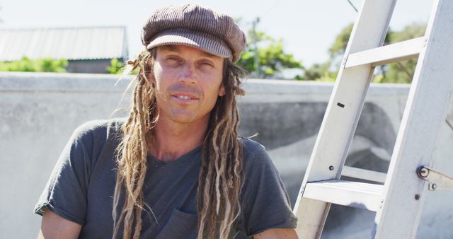 Image portrait of smiling caucasian male artist with dreadlocks in front of mural on wall. Freedom, creativity, inclusivity and hobbies concept digitally generated image.